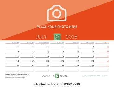 Desk Calendar 2016. Vector Print Template. July. Week Starts Monday. Vector Illustration