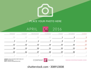 Desk Calendar 2016. Vector Print Template. April. Week Starts Monday. Vector Illustration