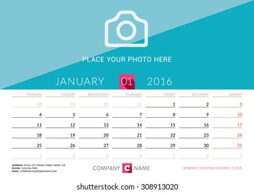 Desk Calendar 2016. Vector Print Template. January. Week Starts Monday. Vector Illustration