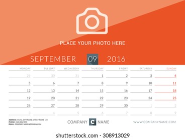 Desk Calendar 2016. Vector Print Template. September.  Week Starts Monday. Vector Illustration