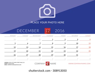 Desk Calendar 2016. Vector Print Template. December. Week Starts Monday. Vector Illustration