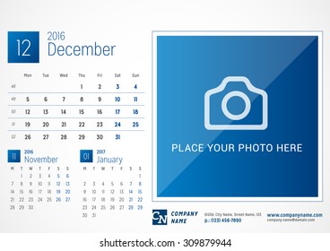 Desk Calendar 2016. Vector Print Template. December. Week Starts Monday