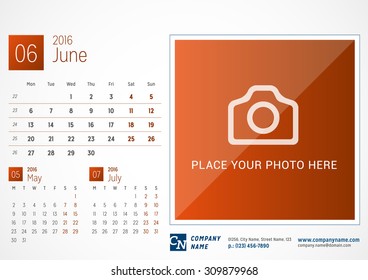 Desk Calendar 2016. Vector Print Template. June. Week Starts Monday