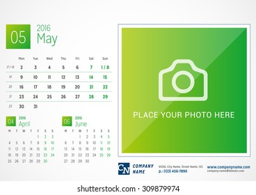 Desk Calendar 2016. Vector Print Template. May. Week Starts Monday