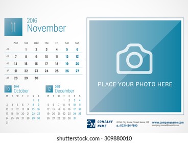 Desk Calendar 2016. Vector Print Template. November. Week Starts Monday