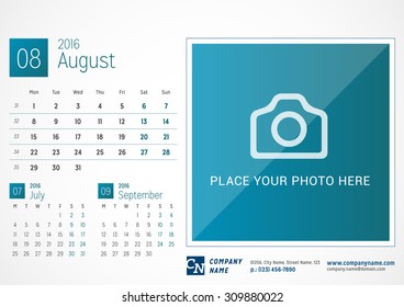 Desk Calendar 2016. Vector Print Template. August. Week Starts Monday