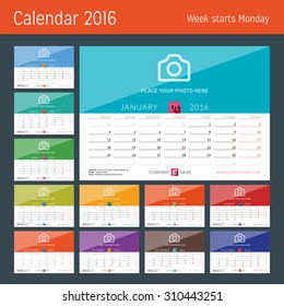 Desk Calendar 2016. Vector Print Template. Week Starts Monday. Vector Illustration