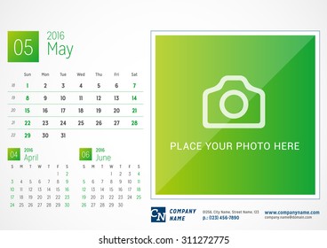 Desk Calendar 2016. Vector Print Template. May. Week Starts Sunday