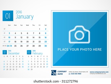 Desk Calendar 2016. Vector Print Template. January. Week Starts Sunday