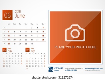 Desk Calendar 2016. Vector Print Template. June. Week Starts Sunday