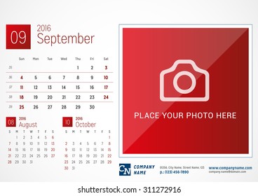 Desk Calendar 2016. Vector Print Template. September. Week Starts Sunday