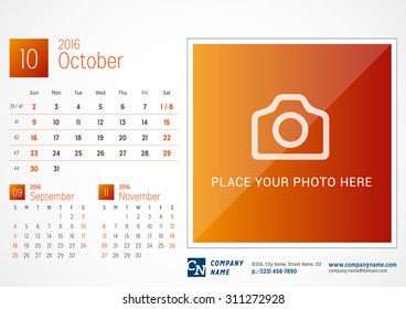 Desk Calendar 2016. Vector Print Template. October. Week Starts Sunday