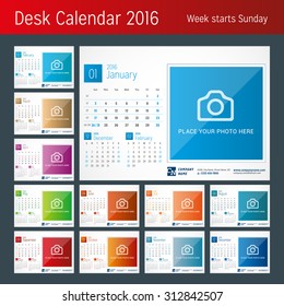 Desk Calendar 2016. Vector Print Template. Week Starts Sunday