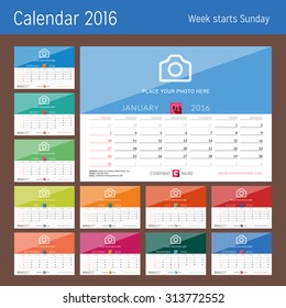 Desk Calendar 2016. Vector Print Template. Set of 12 Months. Week Starts Sunday