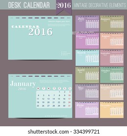 Desk Calendar 2016. Vector Print Template. Week Starts Monday. Vector Illustration