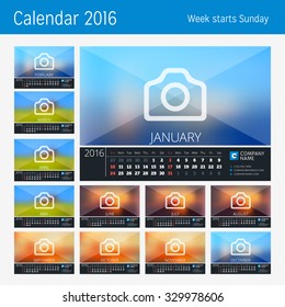 Desk Calendar for 2016 Year. 12 Months. Place for Photo, Logo and Contact Information. Week Starts Sunday. Vector Stationery Design. Print Template. 