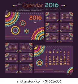 Desk calendar 2016 year with abstract bright design. Vector template for 12 months with random colored circles.