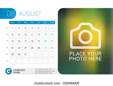 Desk Calendar for 2016 Year. August. Vector Design Print Template with Place for Photo, Logo and Contact Information. Week Starts Monday. Calendar Grid with Week Numbers