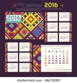 Desk calendar 2016 year with bright geometric design. Vector template for 12 months with random colored squares.