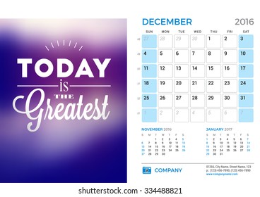 Desk Calendar for 2016 Year. December. Vector Stationery Design Template with Motivational Quote on the Blurred Background, Company Logo and Contact Information. Week Starts Sunday. 3 Months on Page