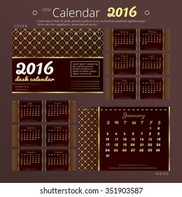 Desk calendar 2016 year with elegant gold design. Set of 12 months templates.