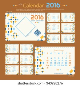 Desk calendar 2016 year with geometric design. Vector template for 12 months.