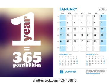 Desk Calendar for 2016 Year. January. Vector Stationery Design Template with Motivational Quote on the Blurred Background, Company Logo and Contact Information. Week Starts Sunday. 3 Months on Page