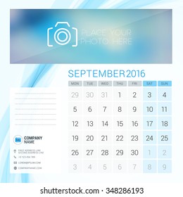 Desk Calendar for 2016 Year. September. Vector Stationery Design Template with Place for Photo, Company Logo and Contact Information. Week Starts Monday