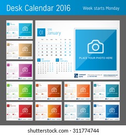 Desk Calendar for 2016 Year. Set of 12 Months. Vector Design Print Template with Place for Photo. Week Starts Monday