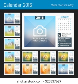 Desk Calendar for 2016 Year. Set of 12 Months. Vector Design Print Template with Place for Photo, Logo and Contact Information. Week Starts Sunday. Calendar Grid with Week Numbers