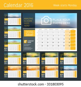 Desk Calendar for 2016 Year. Set of 12 Months. Vector Design Print Template with Place for Photo, Logo and Contact Information. Week Starts Monday. Calendar Grid with Week Numbers and Place for Notes