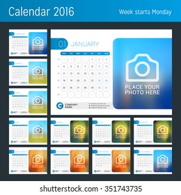 Desk Calendar for 2016 Year. Set of 12 Months. Vector Design Print Template with Place for Photo, Logo and Contact Information. Week Starts Monday. Calendar Grid with Week Numbers