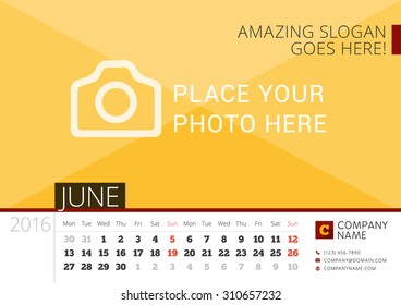 Desk Calendar 2016 Year. Vector Design Print Template with Place for Photo. June. Week Starts Monday