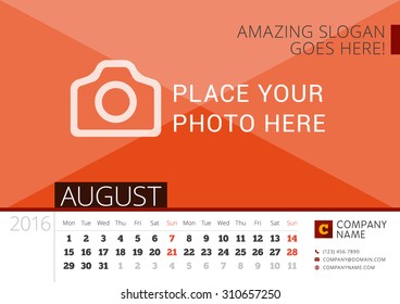 Desk Calendar 2016 Year. Vector Design Print Template with Place for Photo. August. Week Starts Monday