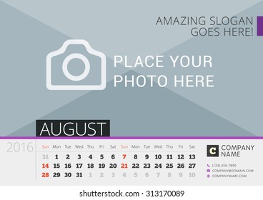 Desk Calendar for 2016 Year. Vector Design Print Template with Place for Photo. August. Week Starts Sunday