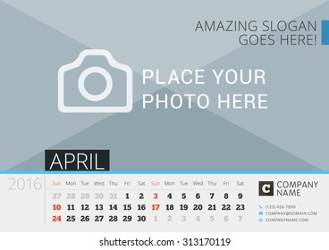 Desk Calendar for 2016 Year. Vector Design Print Template with Place for Photo. April. Week Starts Sunday