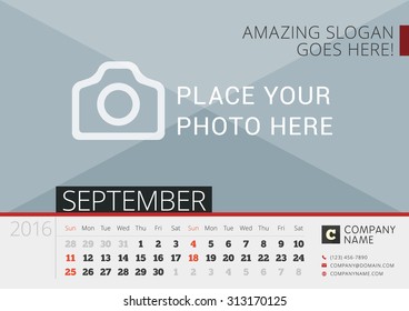 Desk Calendar for 2016 Year. Vector Design Print Template with Place for Photo. September. Week Starts Sunday