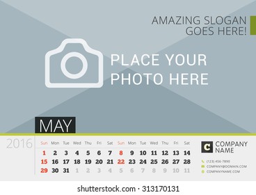 Desk Calendar for 2016 Year. Vector Design Print Template with Place for Photo. May. Week Starts Sunday