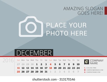 Desk Calendar for 2016 Year. Vector Design Print Template with Place for Photo. December. Week Starts Sunday