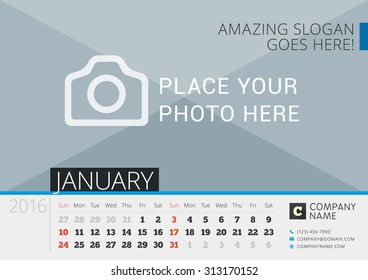 Desk Calendar for 2016 Year. Vector Design Print Template with Place for Photo. January. Week Starts Sunday