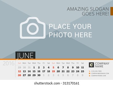 Desk Calendar for 2016 Year. Vector Design Print Template with Place for Photo. June. Week Starts Sunday