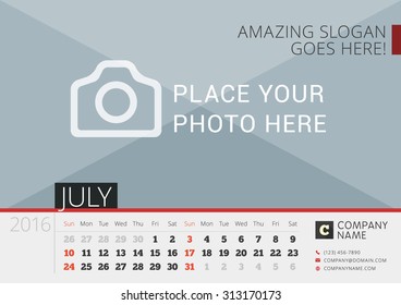 Desk Calendar for 2016 Year. Vector Design Print Template with Place for Photo. July. Week Starts Sunday