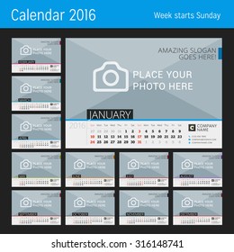 Desk Calendar for 2016 Year. Vector Design Print Template with Place for Photo. Set of 12 Months. Week Starts Sunday