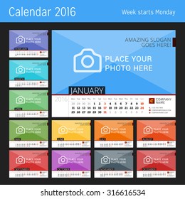 Desk Calendar 2016 Year. Vector Design Print Template with Place for Photo. Set of 12 Months. Week Starts Monday