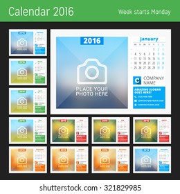 Desk Calendar for 2016 Year. Vector Design Print Template with Place for Photo, Logo and Contact Information. Week Starts Monday. Calendar Grid with Week Numbers. Set of 12 Months