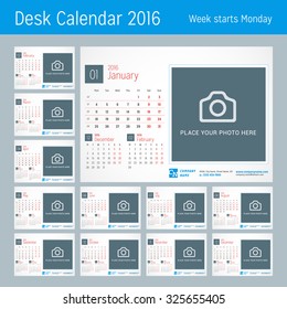 Desk Calendar for 2016 Year. Vector Design Print Template with Place for Photo, Logo and Contact Information. Week Starts Monday. Calendar Grid with Week Numbers. Set of 12 Months