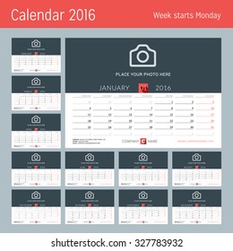 Desk Calendar for 2016 Year. Vector Design Print Template with Place for Photo, Logo and Contact Information. Week Starts Monday. Set of 12 Months