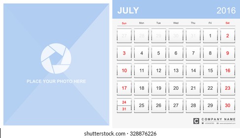Desk Calendar for 2016 Year. Vector Silver Design Print Template.July