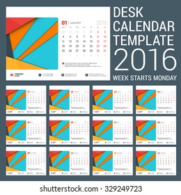 Desk Calendar for 2016 Year. Vector Stationery Design Template with Place for Photo. Week Starts Monday. 12 Months