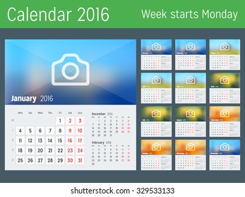 Desk Calendar for 2016 Year. Vector Design Print Template with Place for Photo. Week Starts Monday. Calendar Grid with Week Numbers. Set of 12 Months